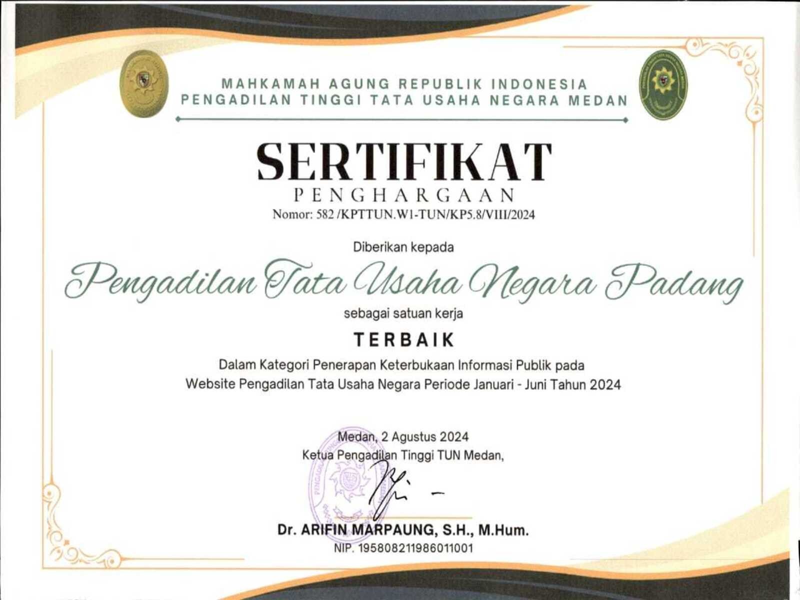 PTUN Padang meraih predikat Terbaik dalam Kategori Penerapan Keterbukaan Informasi Publik se wilayah PTTUN Medan Semester I Tahun 2024